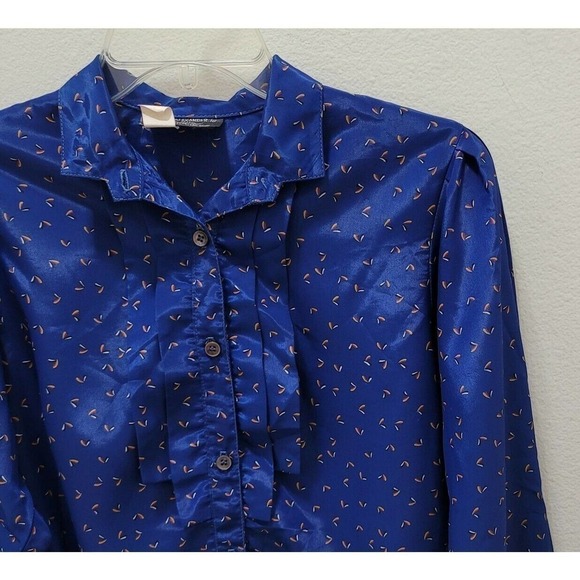 Vintage 80s Blouse Pleated Ruffle Button Up Top Blue  Size Medium Retro - Picture 3 of 9